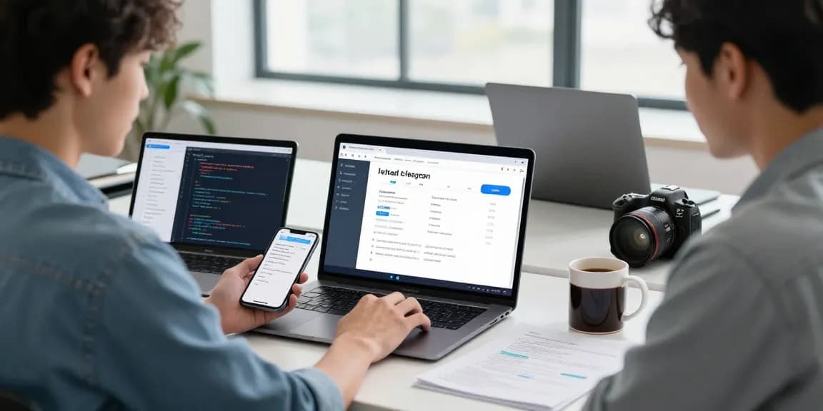 Download Telegram app in a modern tech workspace with a professional using multiple devices.