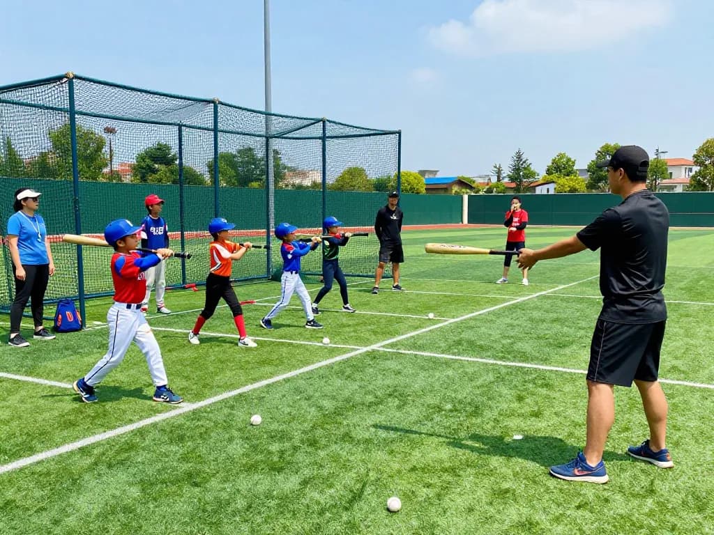 Young athletes at a hit club baseball training session practicing hitting techniques outdoors