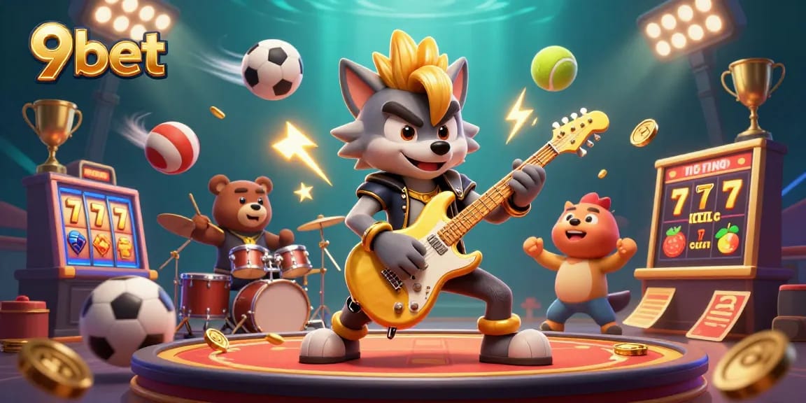 9bet casino illustration featuring a rock star wolf and a drummer bear amidst dynamic gaming elements and thrilling visuals.