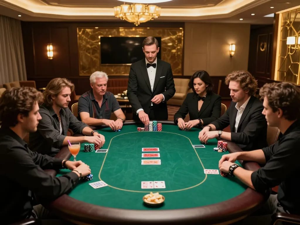 Players engaged in high-stakes poker at 33win's luxurious VIP gaming area.