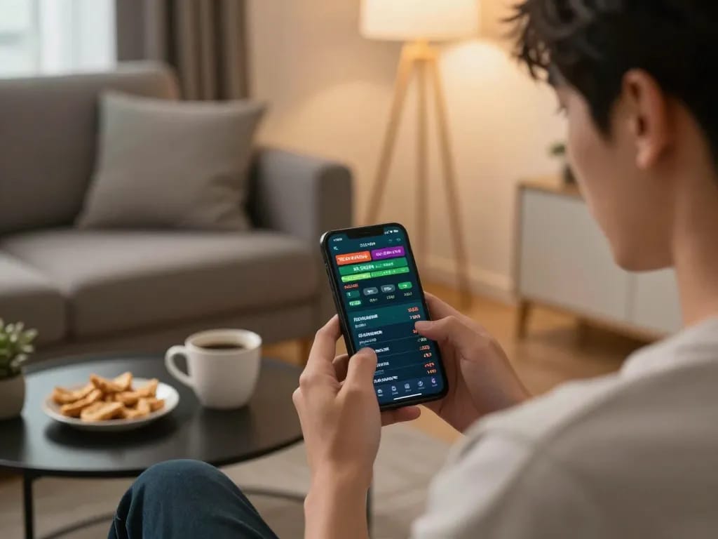 Player engaging in live betting on the XX88 app in a cozy home environment.