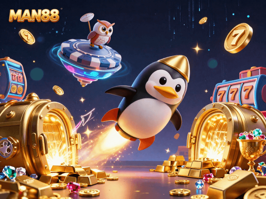 Experience thrilling gameplay at MAN88 with a dynamic 3D illustration of a golden penguin and casino treasures.