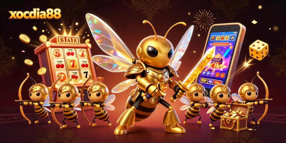 xocdia88 presents an exciting jackpot explosion with golden hornet samurai and bee archers in a vibrant casino scene.