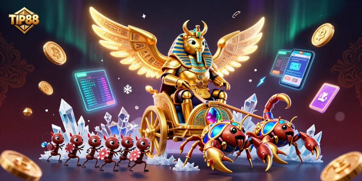 Experience exciting gameplay at TIP88 with a vibrant 3D illustration of casino elements and characters.