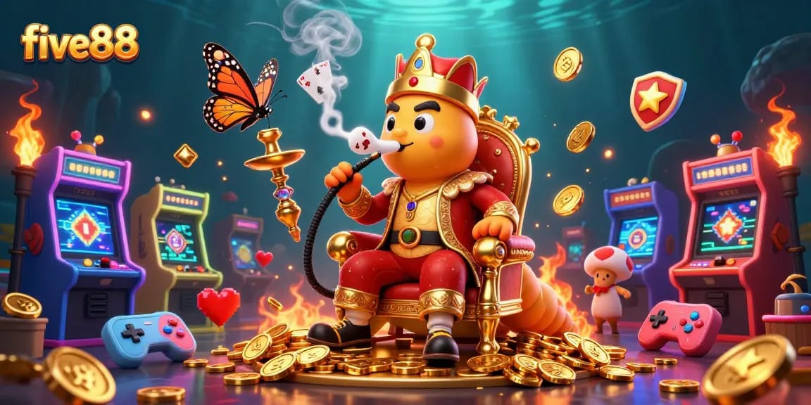 Experience the magic of five88 with a vibrant casino-themed 3D illustration showcasing gaming excitement.