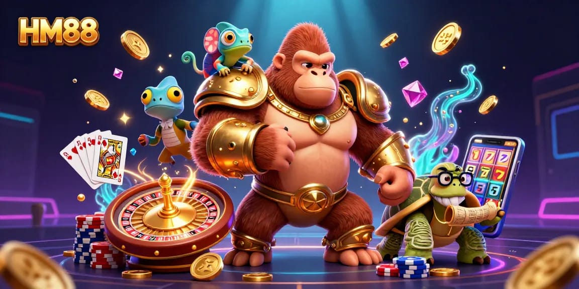 Engage with HM88's exciting gameplay featuring a gorilla king, chameleon, and tortoise amidst a rich casino scene.