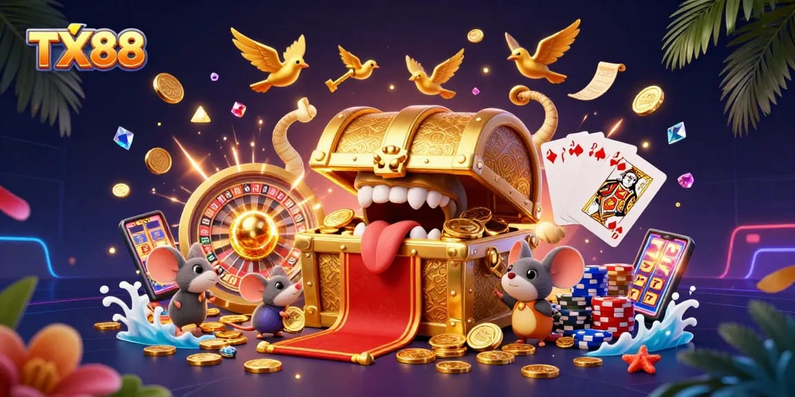 Win big with TX88 in a vibrant casino scene featuring dynamic game elements and treasure!