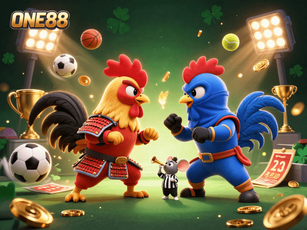 Experience thrilling action at ONE88 with cartoon roosters in a gambling standoff amidst sports elements.