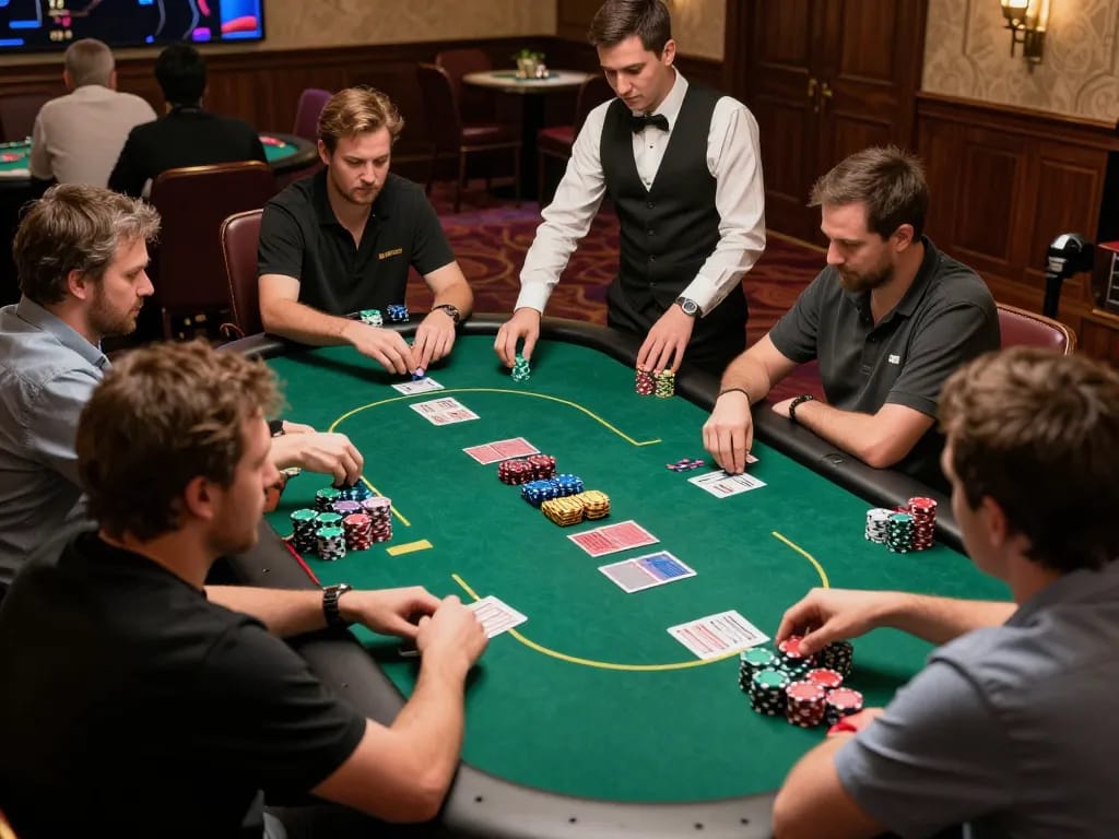 Play intense poker game at Nhà cái OK365, showcasing chips and strategic focus