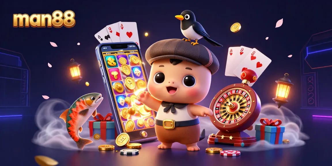 Experience thrilling gameplay at man88 with charming Nessie and casino elements in a vibrant 3D illustration.
