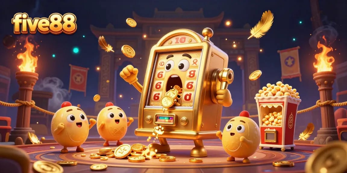 Experience the excitement of five88 with a golden slot machine celebrating a jackpot amidst vibrant casino elements and cheering machines.