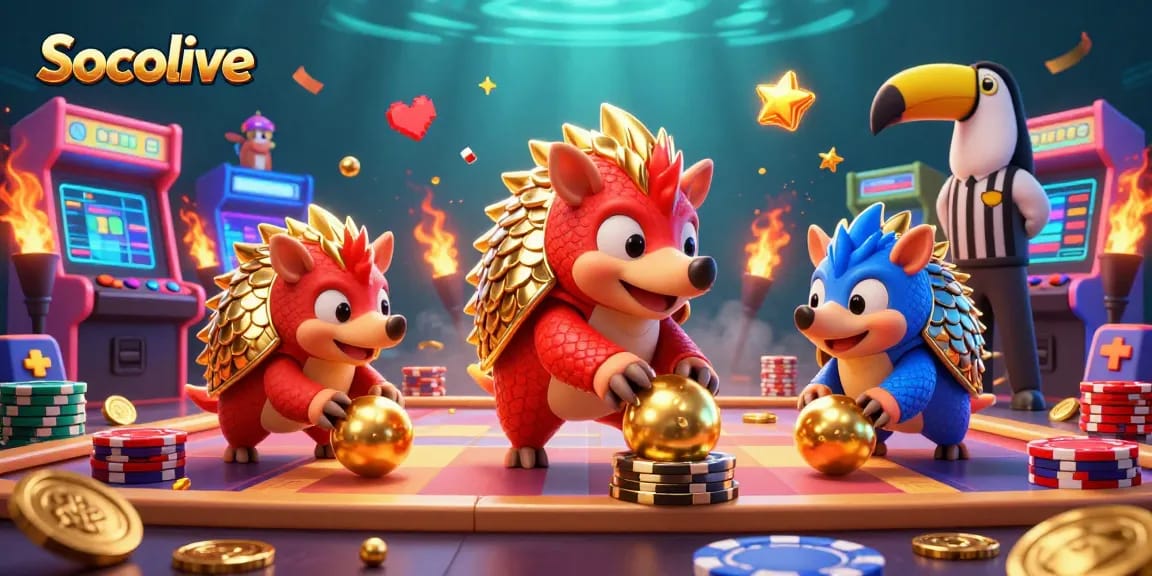 Socolive enhances sports betting excitement with dynamic pangolins rolling golden balls in a vibrant casino scene.