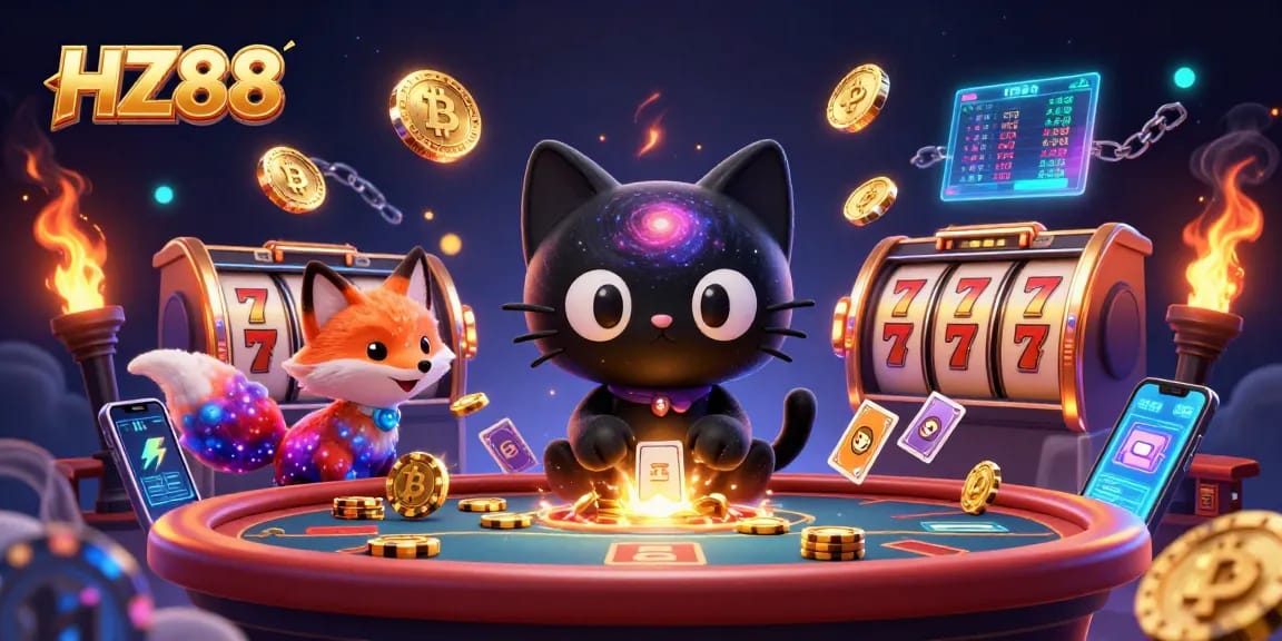 Experience HZ88's vibrant cosmic casino adventure, featuring engaging characters and slot game elements.