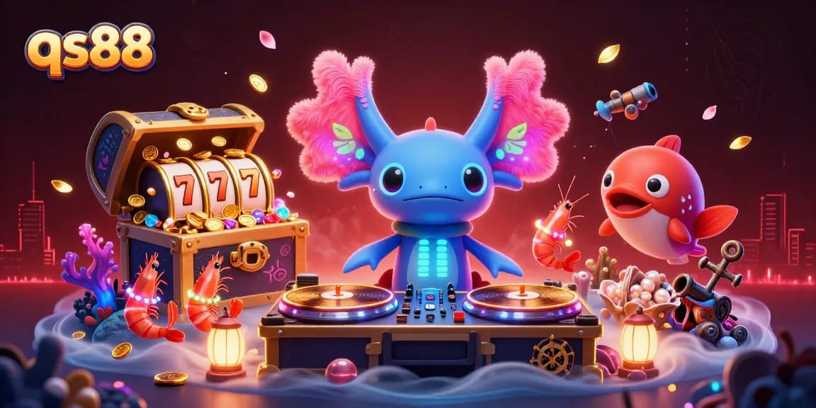 Engage with qs88's vibrant casino experience featuring a neon axolotl DJ spinning winning slots.