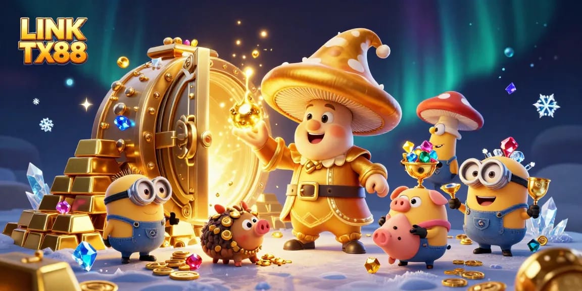 Experience the magic of LINK TX88 as the golden mushroom wizard reveals treasures in a dazzling casino scene.