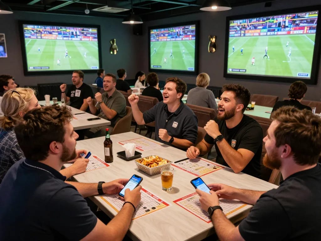 Friends engaging in live betting on vu88 app while watching sports together
