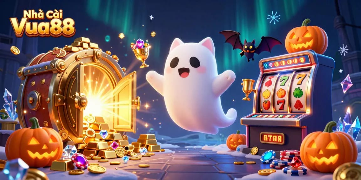 Engage in thrilling slots with Nhà cái Vua88 featuring friendly ghost cat and treasure elements.
