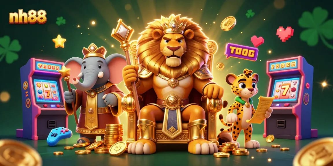 nh88 themed casino illustration featuring a lion king, elephant advisor, and cheetah messenger amid dynamic slot game elements.