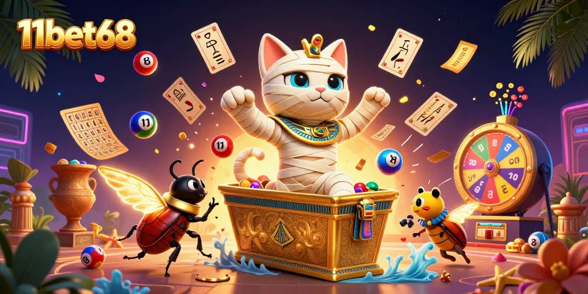 Immerse in the 11bet68 gaming experience with Egyptian mummy cat and vibrant lottery elements.