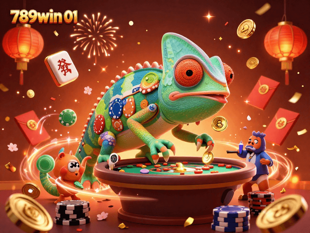 Engage in thrilling casino excitement at 789win 01 with a vibrant scene featuring a chameleon owner and enticing game elements.