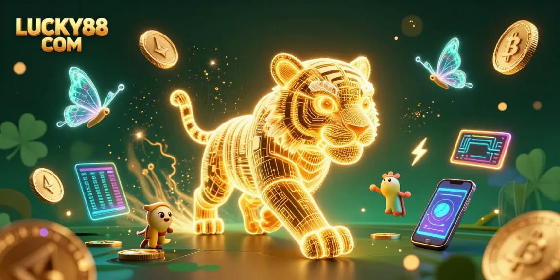 Engage with LUCKY88 COM through vibrant gaming illustrated by a glowing tiger and cryptocurrency elements.