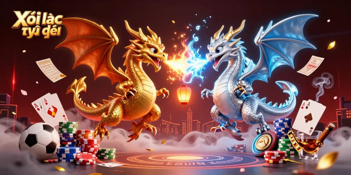 Xôi lạc trực tiếp sports betting scene with twin dragons and dynamic casino elements.