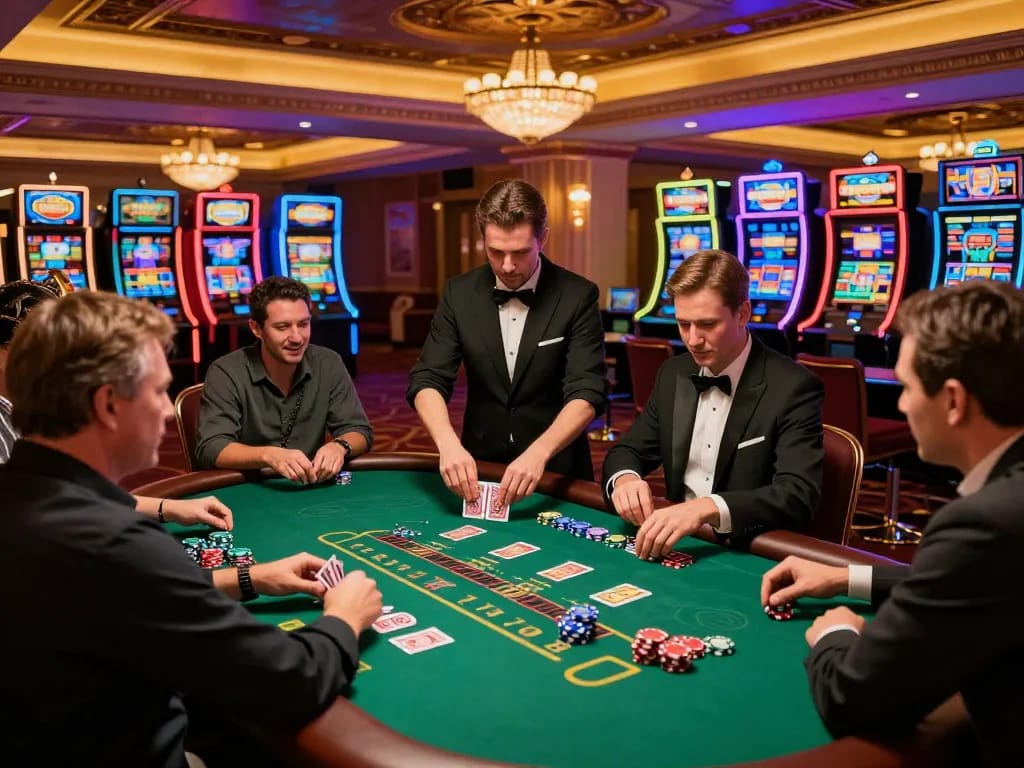 Players engaging in a thrilling blackjack game at a vibrant casino, showcasing sunwin's exciting atmosphere.