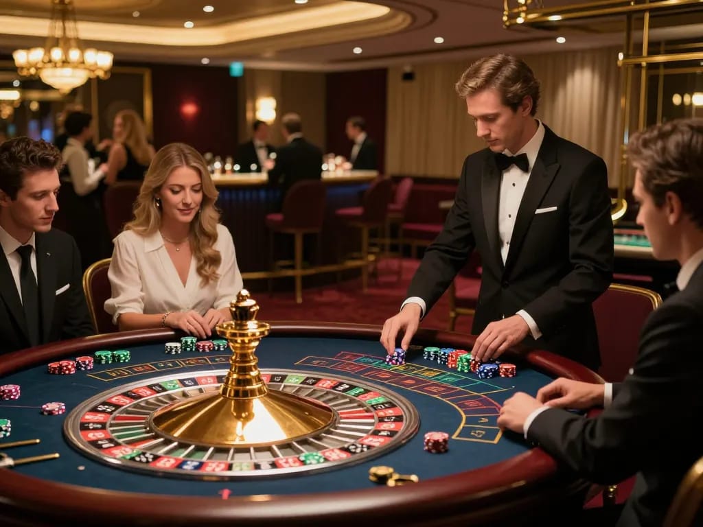 Roseville players placing bets at an upscale roulette table in an elegant casino setting.