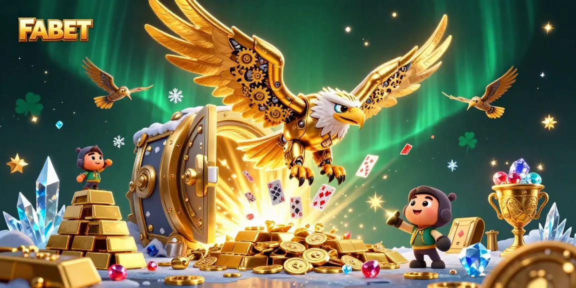 FABET showcases thrilling online gaming through vibrant holographic cards and a dynamic golden eagle in action.