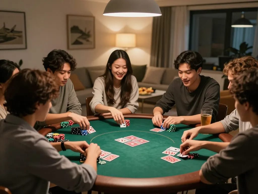 Friends enjoy a poker game at home, showcasing the fun of KP88 entertainment.