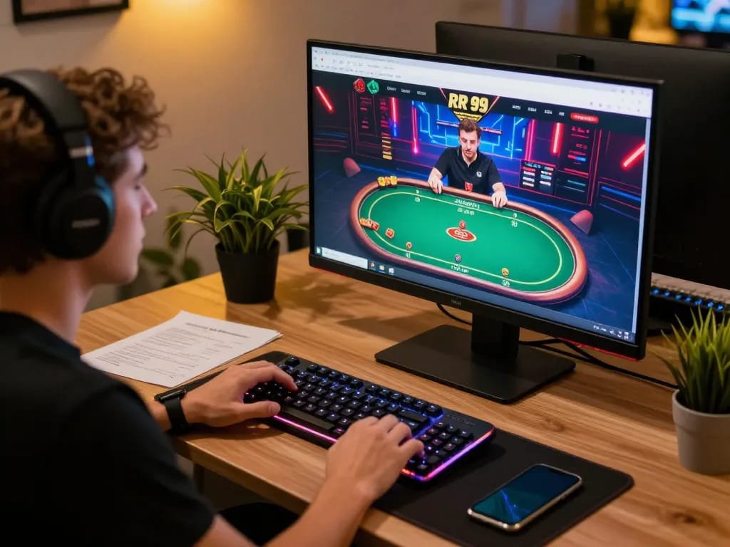 Engaged player enjoying an RR 99 poker game on their gaming setup, focused on strategy and winning