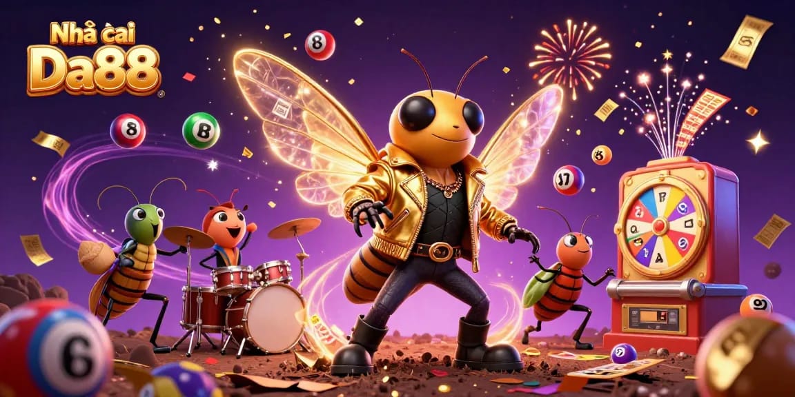 Experience the excitement at Nhà cái Da88 with a dynamic illustration showcasing a rock star cicada amidst vibrant game elements.