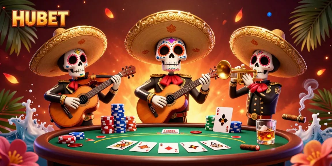 Engage in thrilling gameplay at HUBET with vibrant poker action and colorful skeleton musicians.