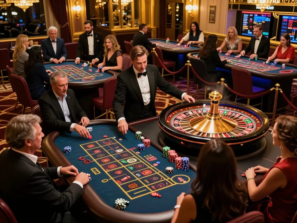 Players placing bets at roulette tables in FLY88 casino, lively atmosphere.