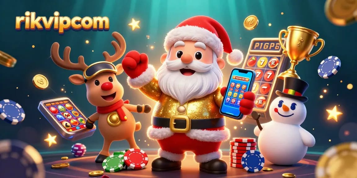 Spin slots and win big with rikvipcom at a vibrant digital casino featuring Santa and friends.