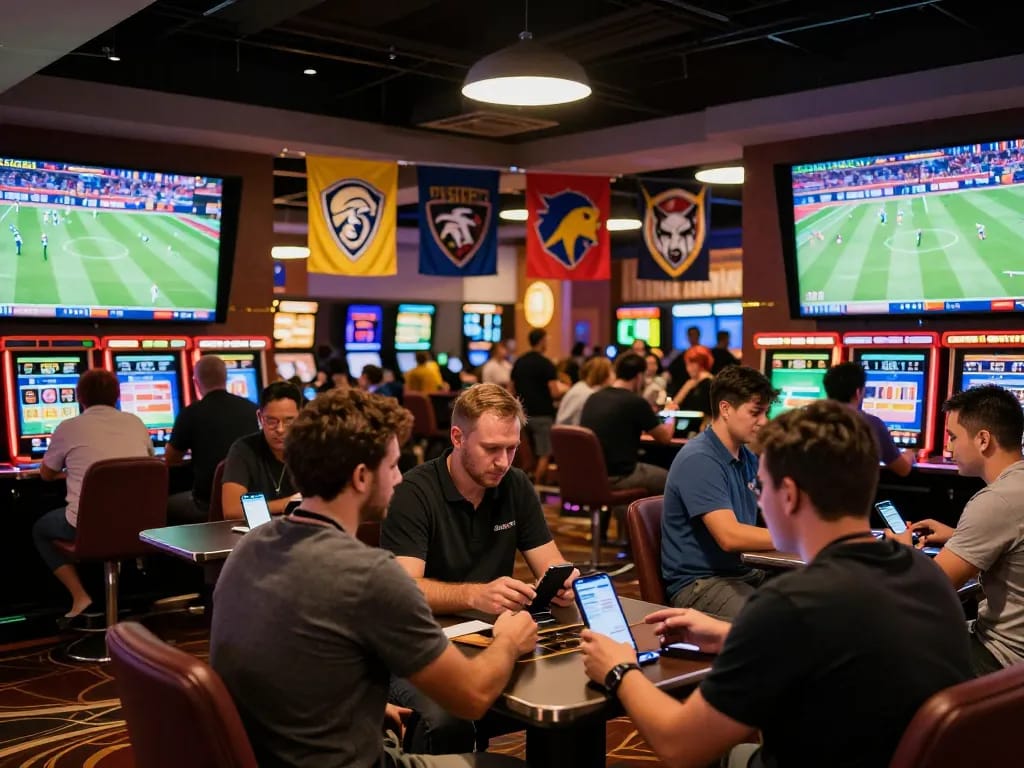 Engaged bettors placing bets on kèo nhà cái trực tiếp in a vibrant sports betting area