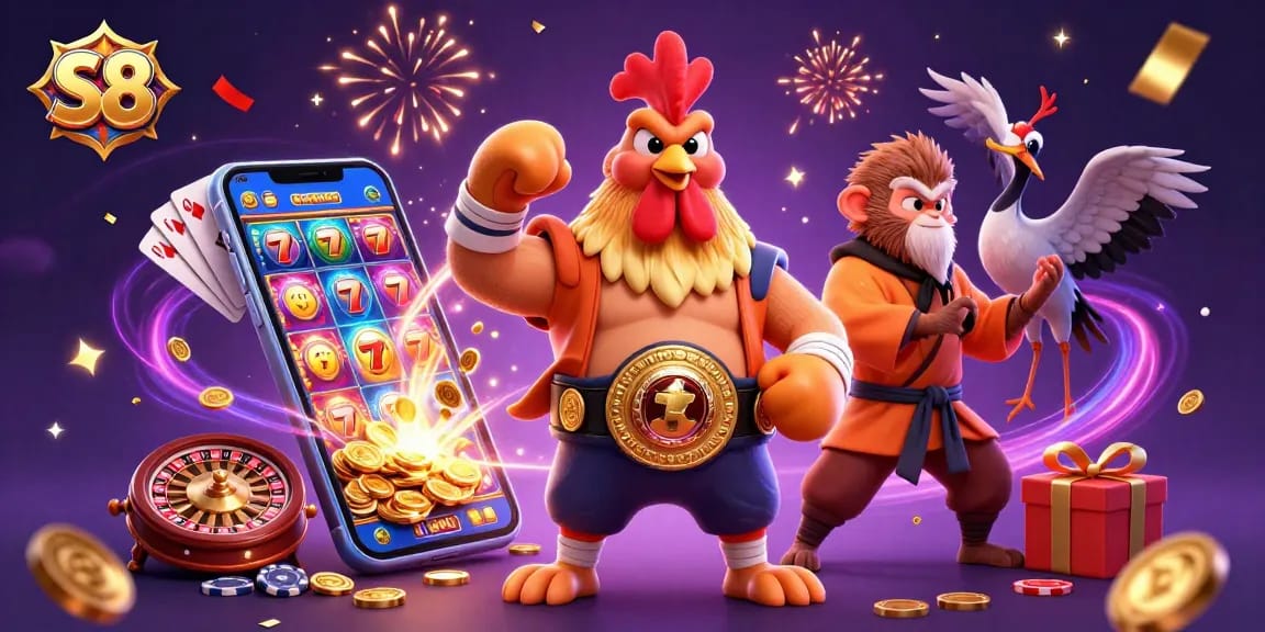 Engage in thrilling casino action with S8's colorful slots and charming characters in an epic gambling scene.