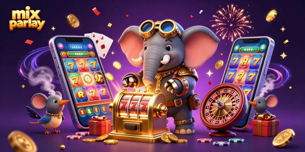 Engage in mix parlay sports betting strategy, featuring a steampunk elephant engineer with casino elements.