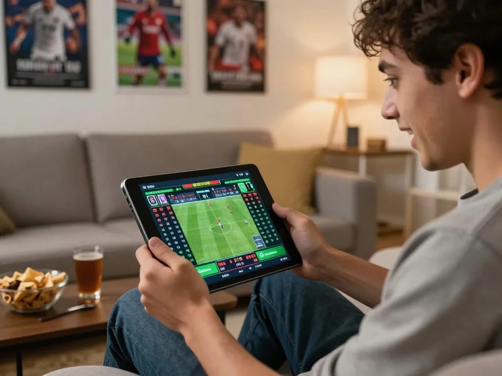 Canlı spor bahislerini tablet üzerinden analiz eden ilgili bahisçi, stratejik kalibet bahisleri yapıyor.