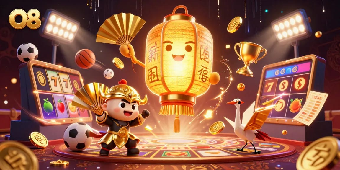 Experience the excitement at O8 with vibrant golden casino elements showcasing thrilling games and interactive adventures.