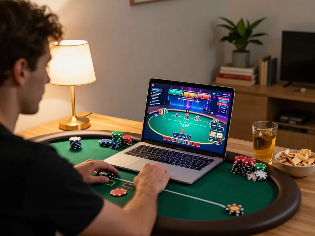 Engaging game session on hitclub5br, showcasing poker gameplay on a laptop with vibrant graphics
