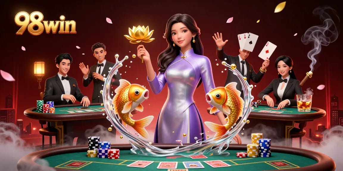 Engage in exhilarating games at 98win with a stunning Asian casino illustration featuring vibrant elements.