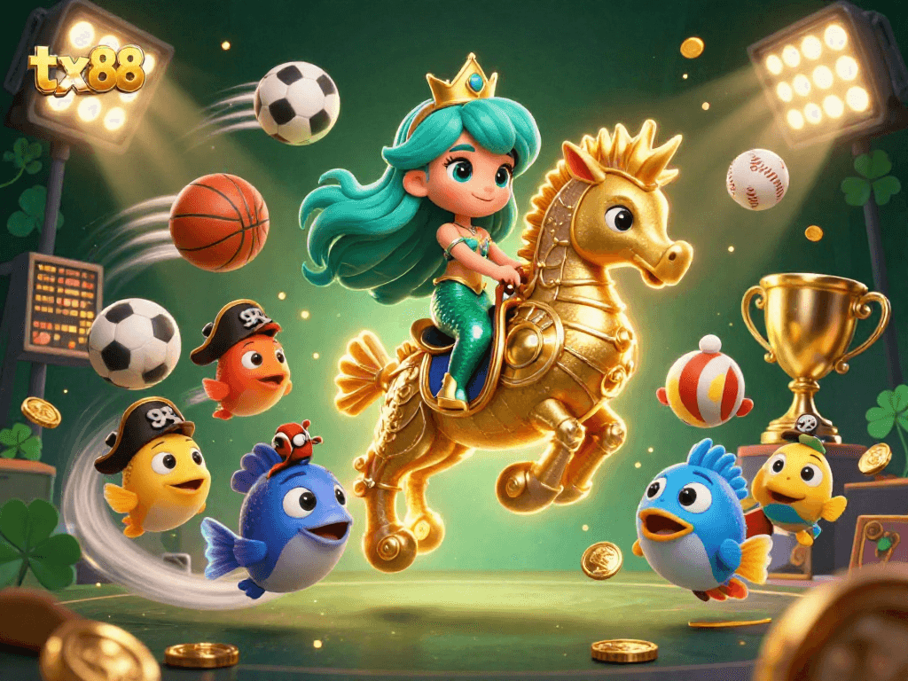 tx88 captures exciting moments with cartoon mermaid, seahorse, and vibrant sports elements in a magical casino.