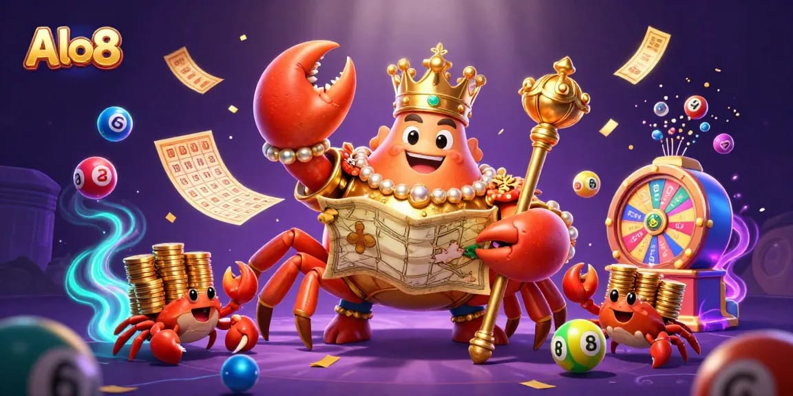 Engage with Alo8's vibrant gambling world featuring a golden crab emperor and colorful lottery elements.
