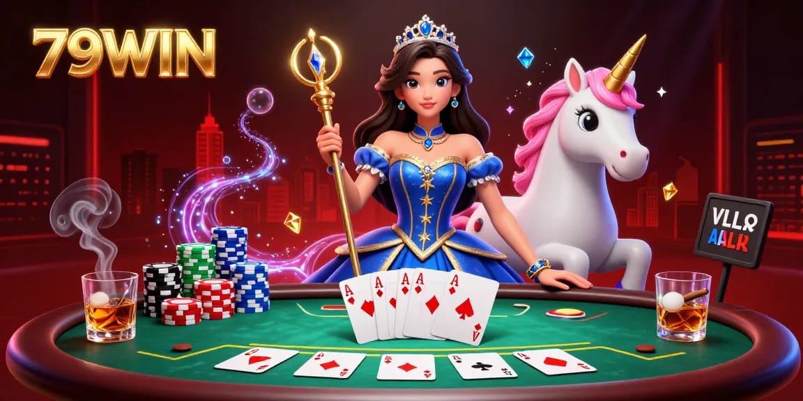 Experience thrilling gaming at 79WIN with a dazzling casino scene featuring vibrant characters and poker elements.