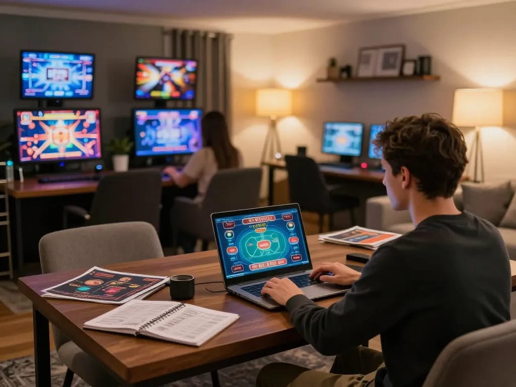Engaging online gaming scene where a player uses https://www.mnm88.com/ on a laptop in a cozy living room.