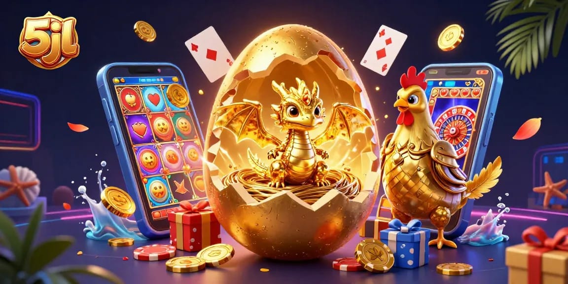 Experience the thrill of 5jl with a golden dragon guarding poker chips amid vibrant casino elements.