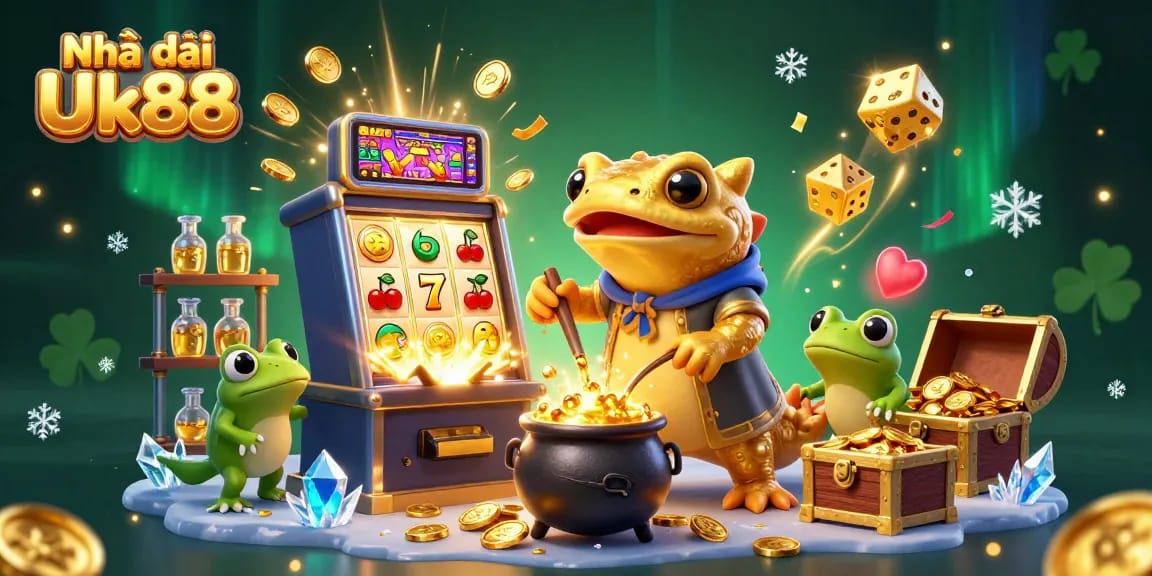 Experience the magic of Nhà cái Uk88 with a vibrant scene of alchemy and jackpot excitement.