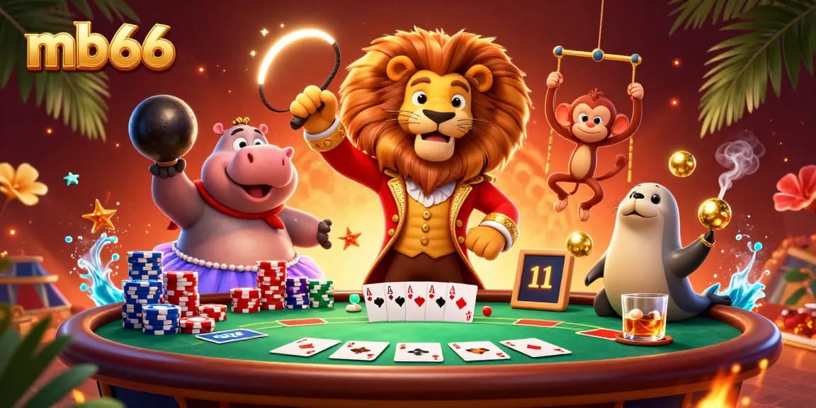 Experience vibrant gaming with mb66 in a dynamic circus-themed poker scene featuring lively 3D characters.