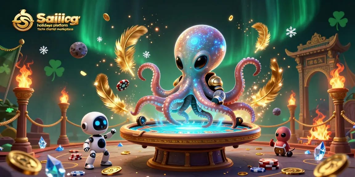 Sailing holidays platform Yacht charter marketplace experience with an alien octopus and robot at a holographic poker table